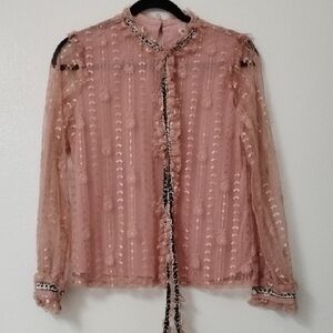 Romantic Blush Tie-Neck Lace Blouse